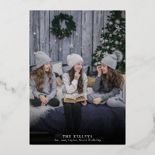 Merry Christmas Brush Script, Full Photo Silver Foil Holiday Card