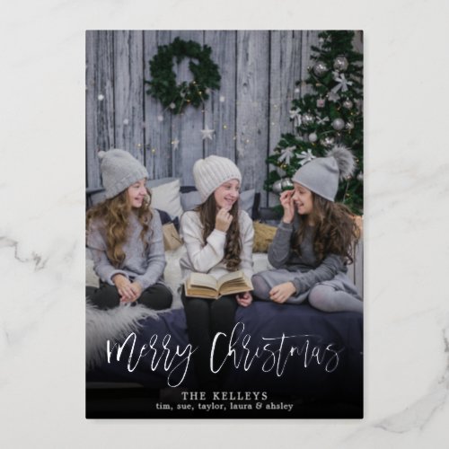 Merry Christmas Brush Script Full Photo Silver Foil Holiday Card