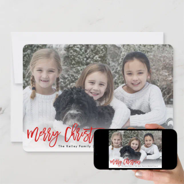 Merry Christmas Brush Script Horizontal Red Photo Holiday Card Zazzle