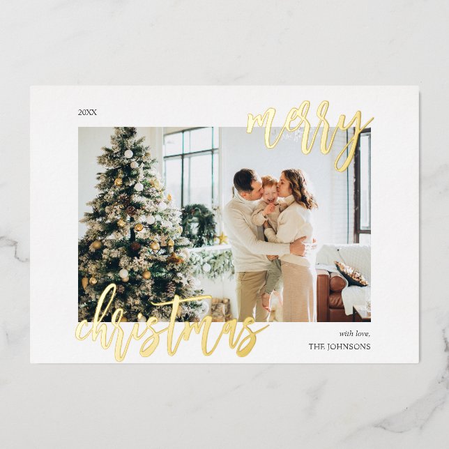 Merry Christmas Brush Script Photo Foil Holiday Card (Front)