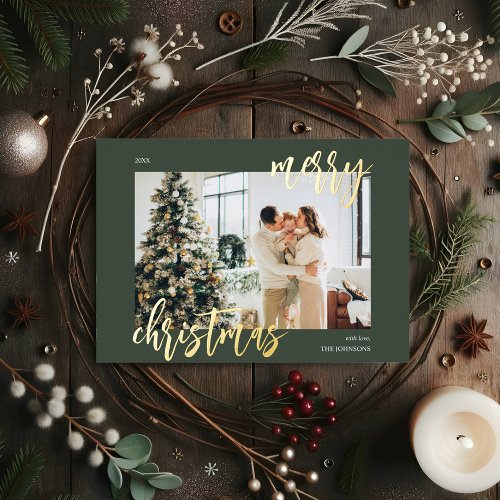 Merry Christmas Brush Script Photo Green Foil Holiday Card