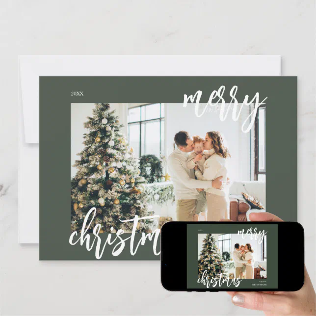Merry Christmas Brush Script Photo Green Holiday Card Zazzle