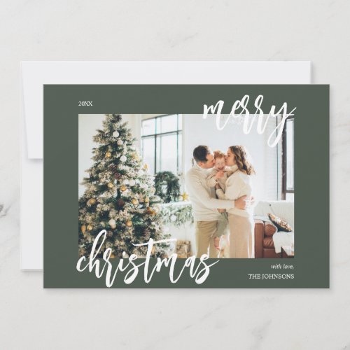 Merry Christmas Brush Script Photo Green Holiday Card