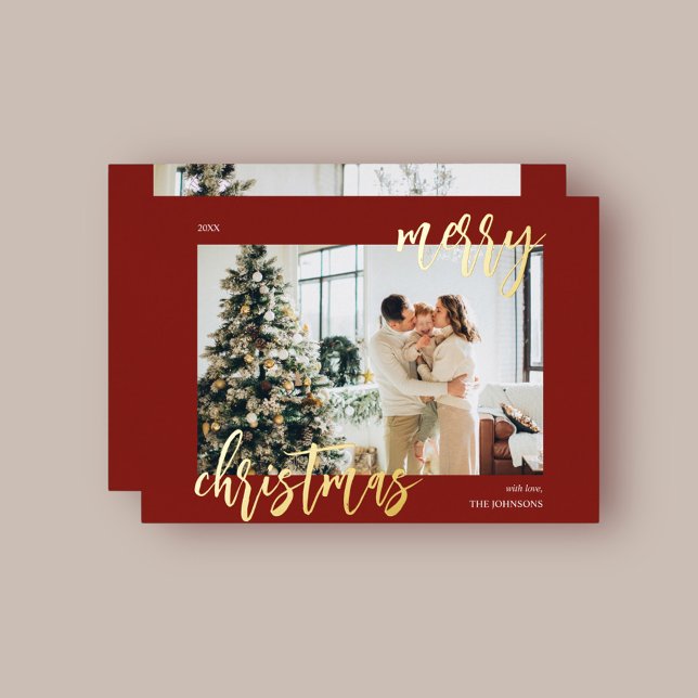 Merry Christmas Brush Script Photo Red Foil Holiday Card (Creator Uploaded)