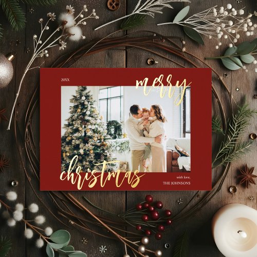 Merry Christmas Brush Script Photo Red Foil Holiday Card