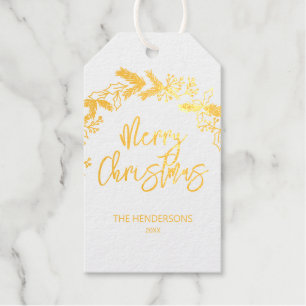 Merry Christmas Brush Script Pine Berry Leaves Foil Gift Tags