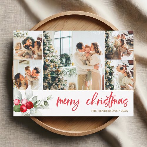 Merry Christmas Brush Script Red Berry Holiday Card