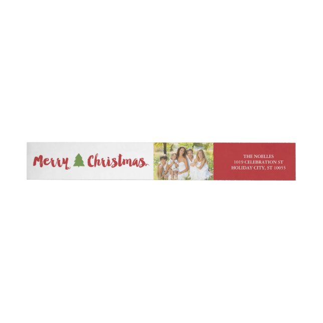 Merry Christmas Brush Script Tree Photo Address Wrap Around Label (Individual)