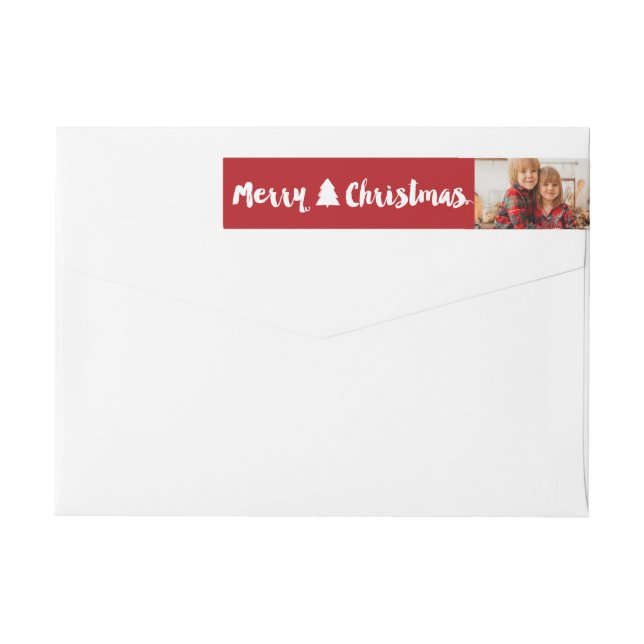 Merry Christmas Brush Script Tree Photo Address Wrap Around Label (Back)