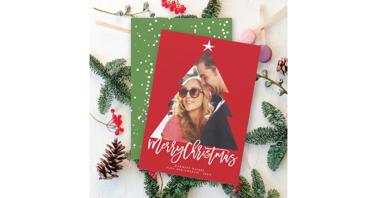 Merry Christmas Brush Script Tree Red Cutout Photo Holiday Card Zazzle