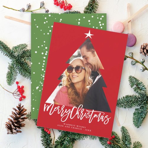 Merry Christmas Brush Script Tree Red Cutout Photo Holiday Card