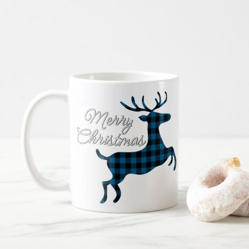 Merry Christmas Buck on Blue Black Buffalo Check Coffee Mug