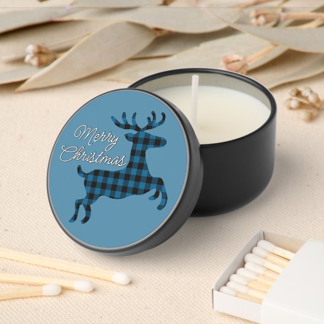 Merry Christmas Buck on Blue Black Buffalo Check Mini Candle Favors (Insitu)