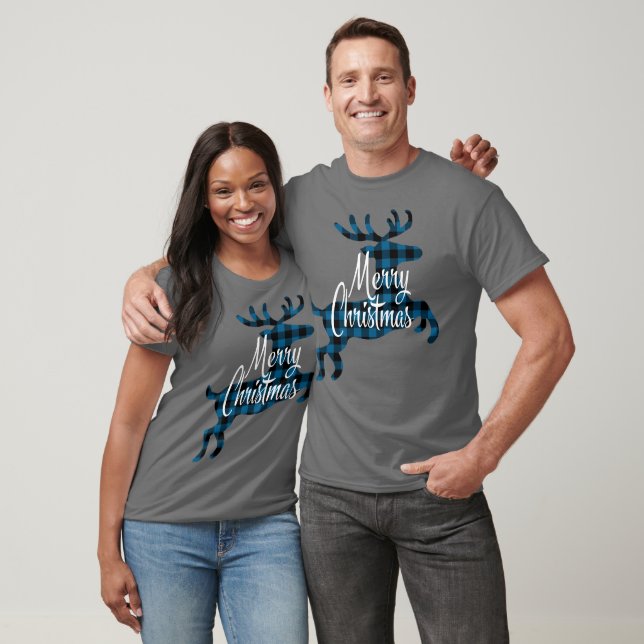 Merry Christmas Buck on Blue Black Buffalo Check T-Shirt (Unisex)