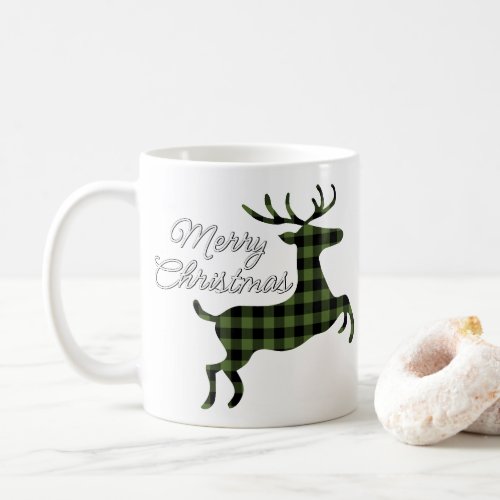 Merry Christmas Buck on Green Black Buffalo Check Coffee Mug
