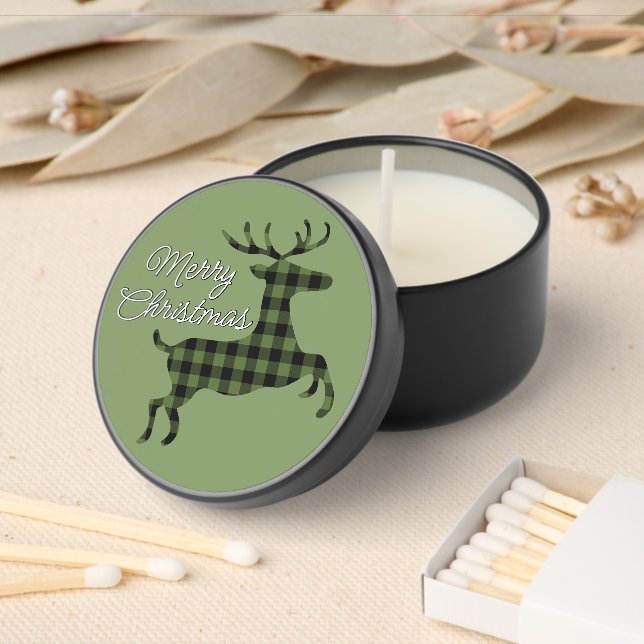 Merry Christmas Buck on Green Black Buffalo Check Mini Candle Favors (Insitu)