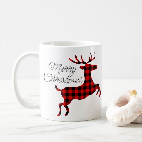 Merry Christmas Buck on Red Black Buffalo Check Coffee Mug