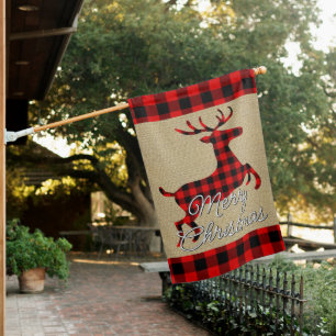 Merry Christmas Buck on Red Black Buffalo Check House Flag