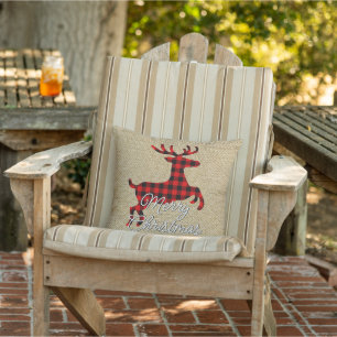 Merry Christmas Buck on Red Black Buffalo Check Outdoor Pillow