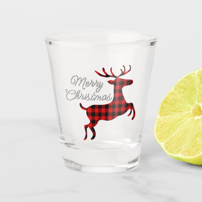 Merry Christmas Buck on Red Black Buffalo Check Shot Glass (Front)