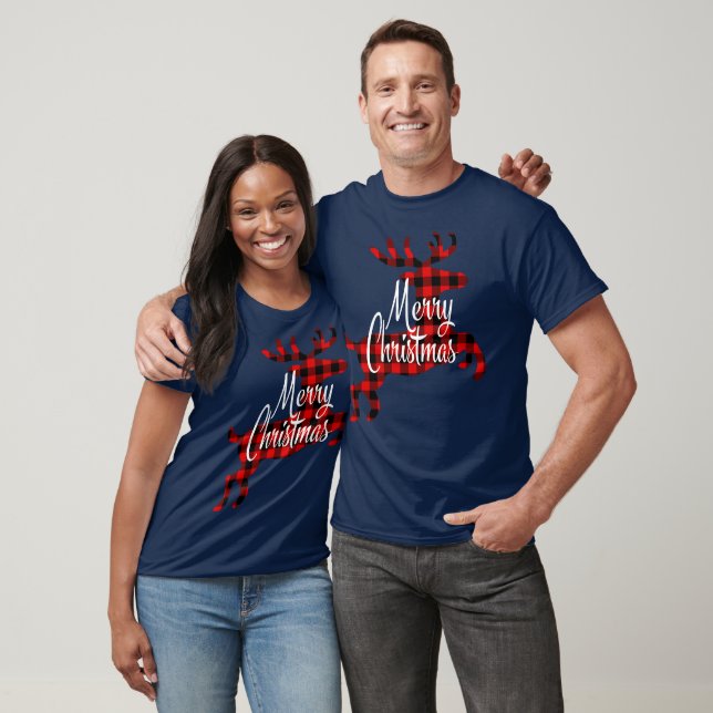 Merry Christmas Buck on Red Black Buffalo Check T-Shirt (Unisex)