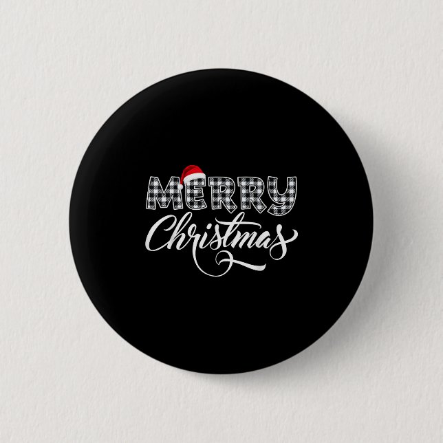 Merry Christmas Buffalo Black And White Plaid For  Button (Front)