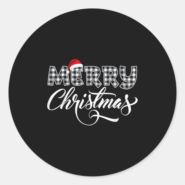 Merry Christmas Buffalo Black And White Plaid For  Classic Round Sticker (Front)