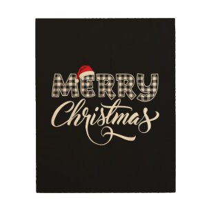 Merry Christmas Buffalo Black and White Plaid for Wood Wall Art