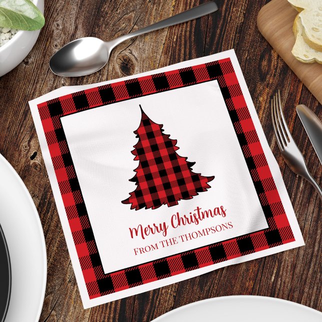 Merry Christmas Buffalo Check Custom Cocktail Napkins (Merry Christmas buffalo check pattern custom Christmas tree napkin,)