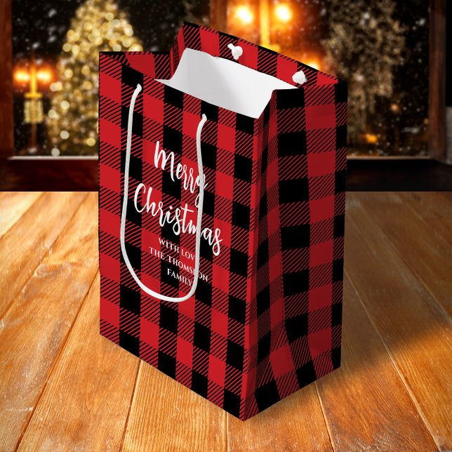 Merry Christmas Buffalo Check Gift Bag Rustic Tree (Merry Christmas white calligraphy buffalo check pattern gift bag)