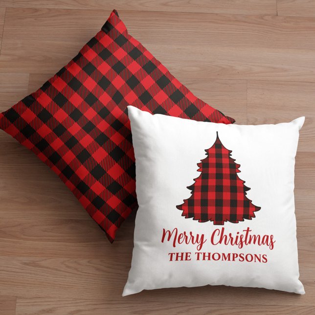 Merry Christmas Buffalo Check Personalized Holiday Throw Pillow (Personalized Merry Christmas buffalo check throw pillow with cozy farmhouse style.)