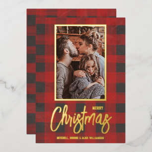 Merry Christmas Buffalo Check Photo Foil Holiday Card