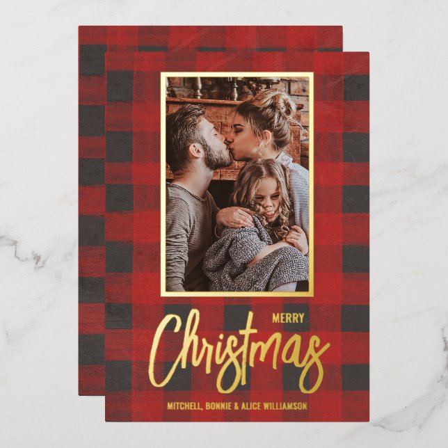 Merry Christmas Buffalo Check Photo Foil Holiday Card (Front/Back)