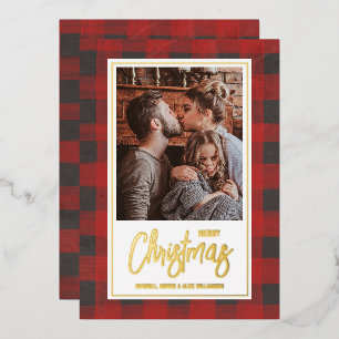 Merry Christmas Buffalo Check Photo Gold Foil Holiday Card