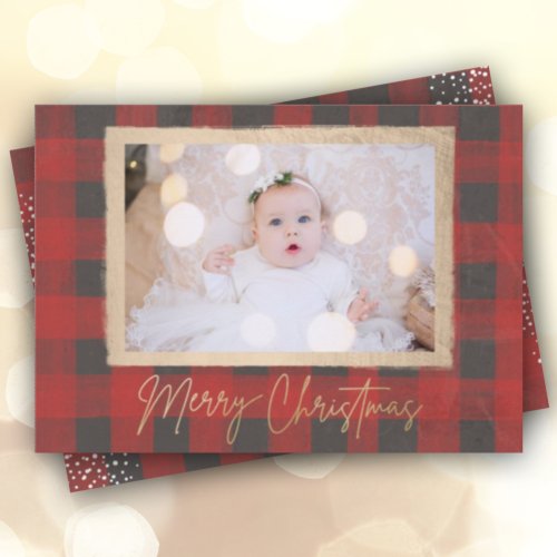 Merry Christmas Buffalo Check Photo Holiday Card
