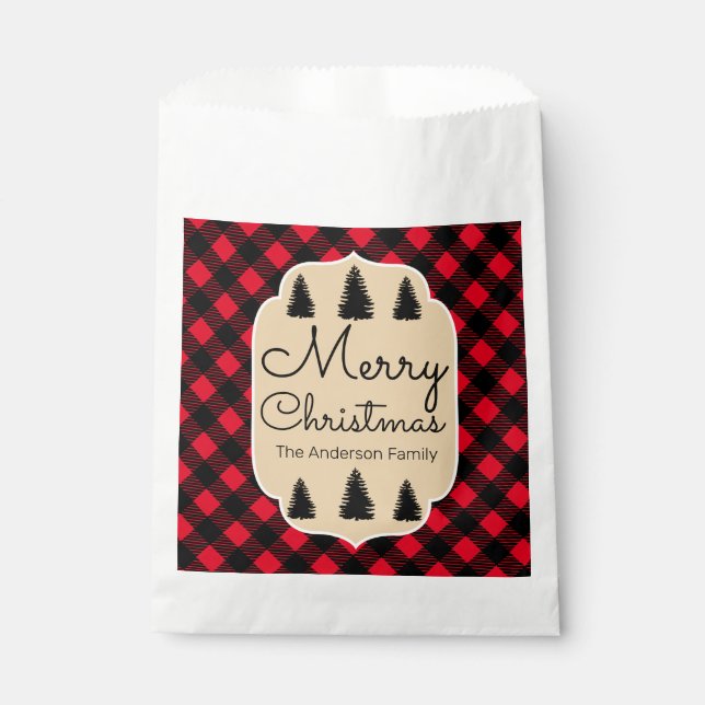 Merry Christmas Buffalo Check Plaid & Trees Favor Bag (Front)