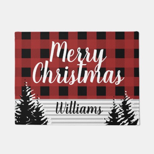 Merry Christmas Buffalo Check  Stripes  Monogram Doormat