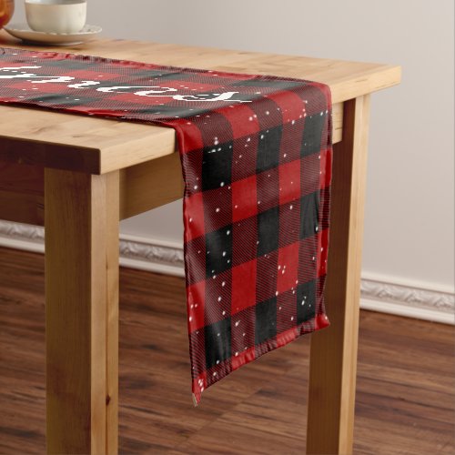 Merry Christmas Buffalo Plaid Black and Red Short Table Runner