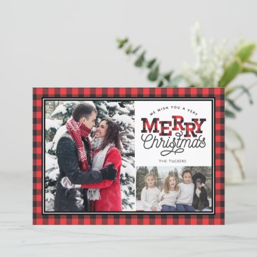 MERRY Christmas Buffalo Plaid Border 2_Photo Holiday Card