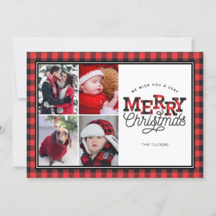 MERRY Christmas Buffalo Plaid Border 4-Photo Card