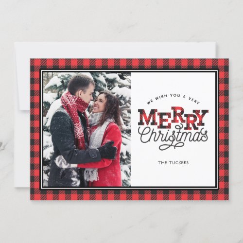 MERRY Christmas Buffalo Plaid Border Photo Card