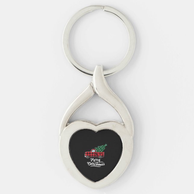 Merry Christmas Buffalo Plaid Christmas Tree Red Keychain (Front)
