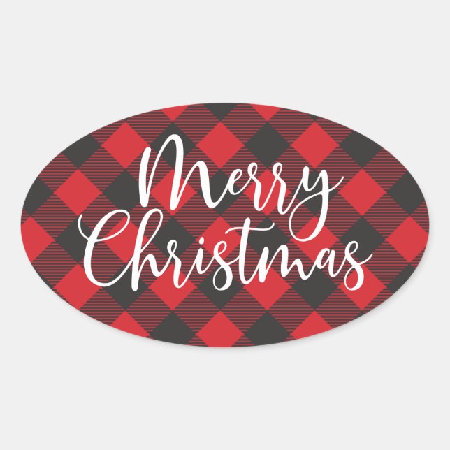 Merry Christmas Buffalo Plaid Classic Round Sticke Oval Sticker (Front)