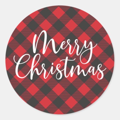 Merry Christmas Buffalo Plaid Classic Round Sticker