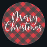 Merry Christmas Buffalo Plaid Classic Round Sticker<br><div class="desc">A lovely red and black buffalo plaid Christmas sticker for your Holiday cards,  treats and gifts. Designed for you by Blackberry Boulevard.</div>