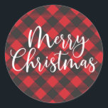 Merry Christmas Buffalo Plaid Classic Round Sticker<br><div class="desc">A lovely red and black buffalo plaid Christmas sticker for your Holiday cards,  treats and gifts. Designed for you by Blackberry Boulevard.</div>