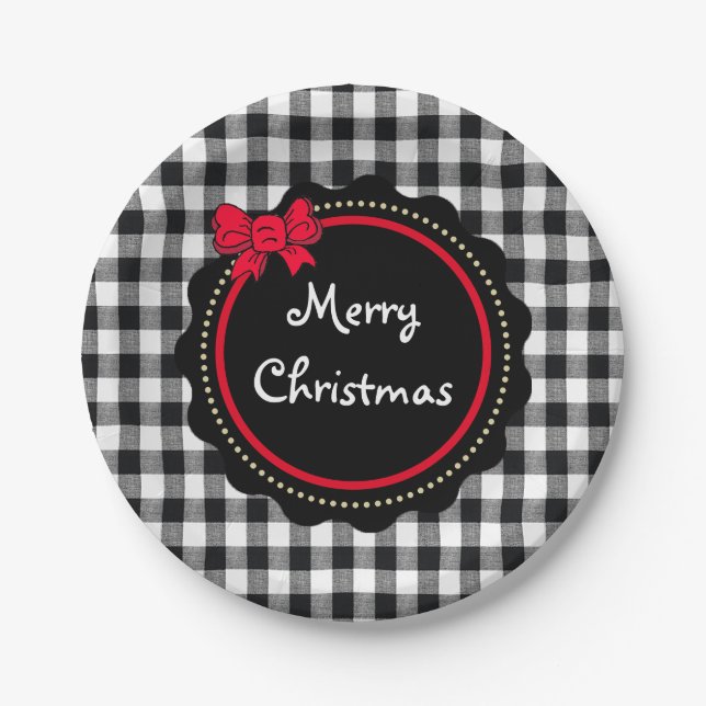 Merry Christmas Buffalo Plaid Country Style Paper Plates (Front)