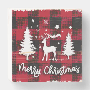 Merry Christmas Buffalo Plaid Deer Christmas Scene Wooden Box Sign