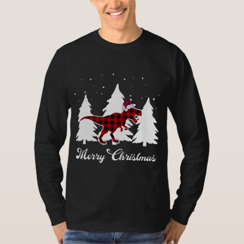 Merry Christmas Buffalo Plaid Dinosaur Santa Trex T_Shirt