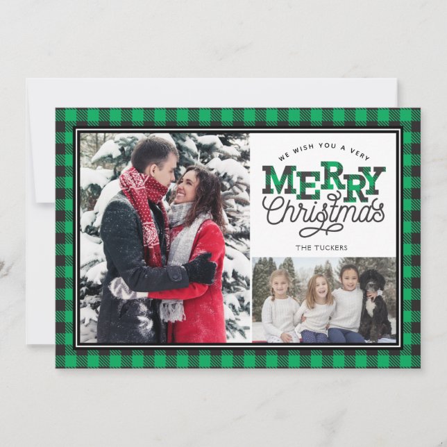MERRY Christmas Buffalo Plaid Green 2-Photo Holiday Card (Front)